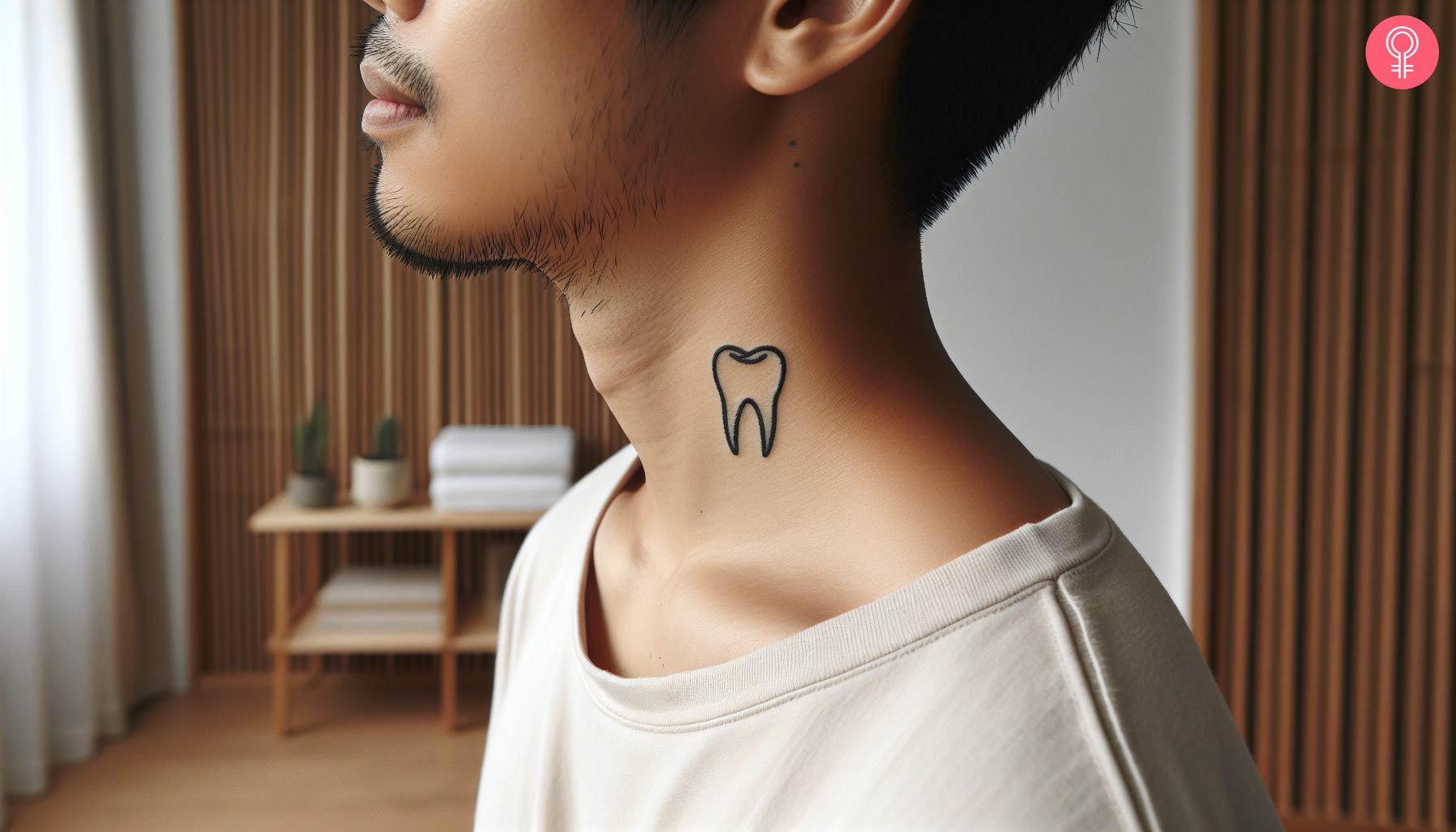 A simple tooth tattoo on the side of the neck