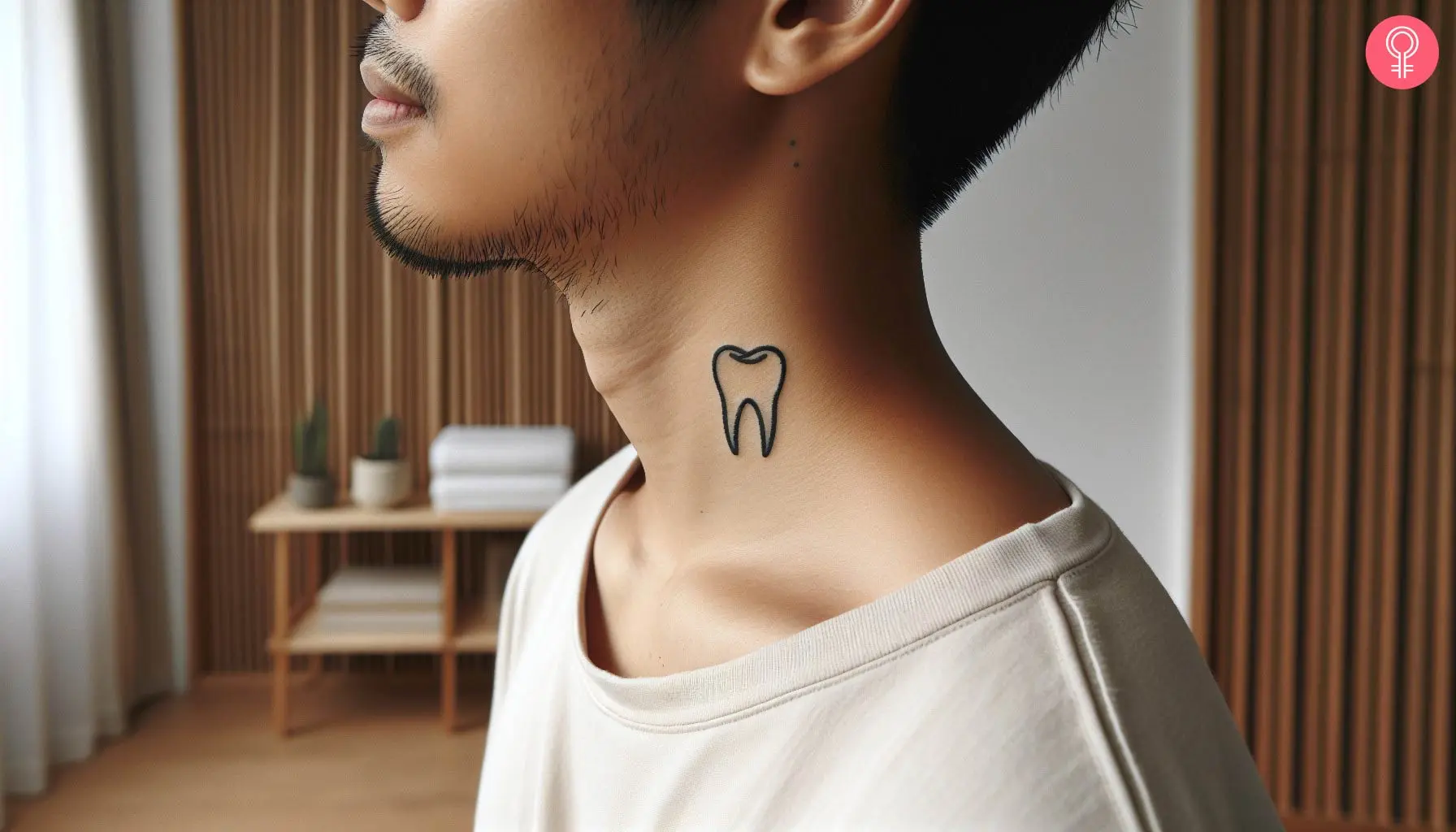 A simple tooth tattoo on the side of the neck