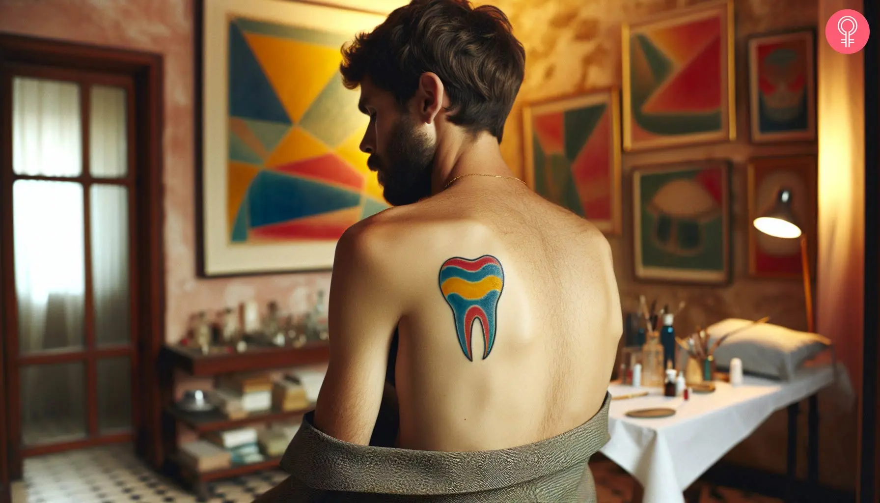 A tooth tattoo on the back inked with red, blue, and yellow inks