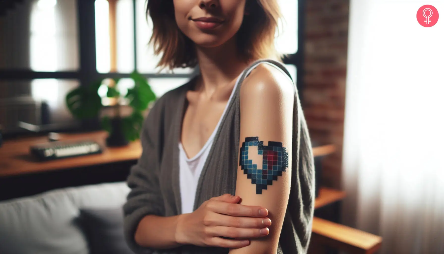 A woman flaunting a Y2K pixelated heart tattoo on her arm