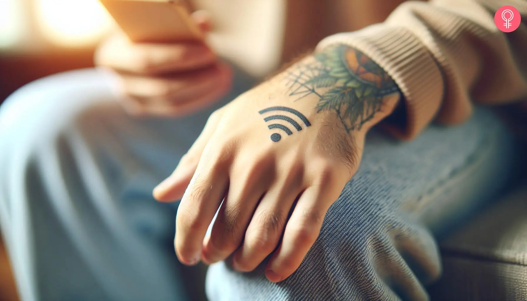 A woman flaunting a Y2K wi-fi tattoo on her hand