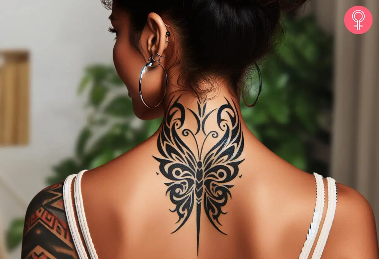 A woman flaunting tribal Y2K tattoo on the nape