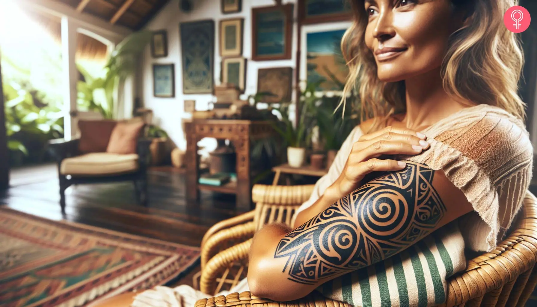 A woman wearing a Celtic tribal sun tattoo on her arm