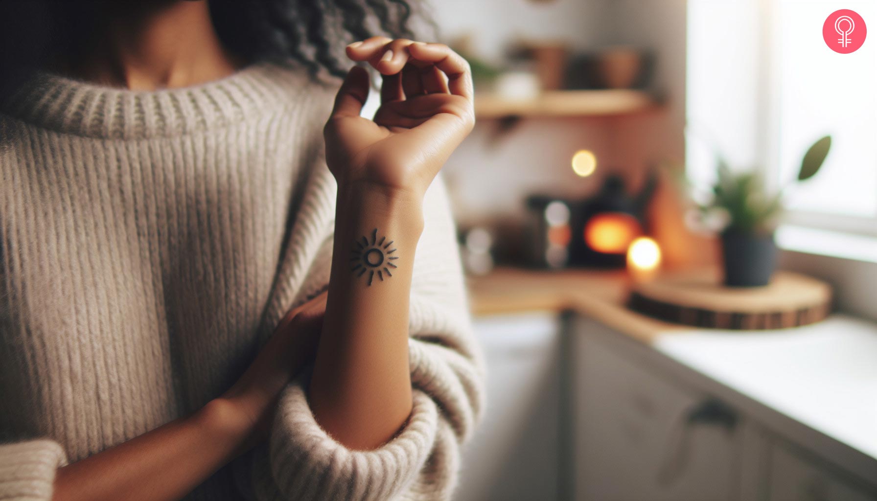 A woman wearing a feminine tribal sun tattoo on her wrist