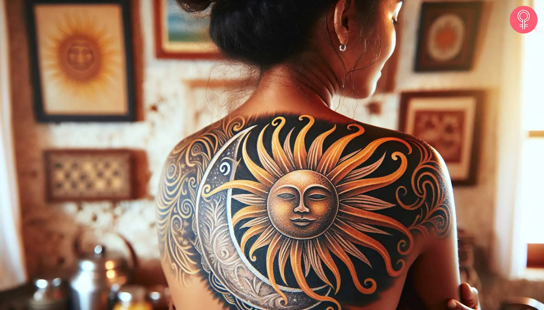 A woman wearing a tribal sun and moon tattoo on her back