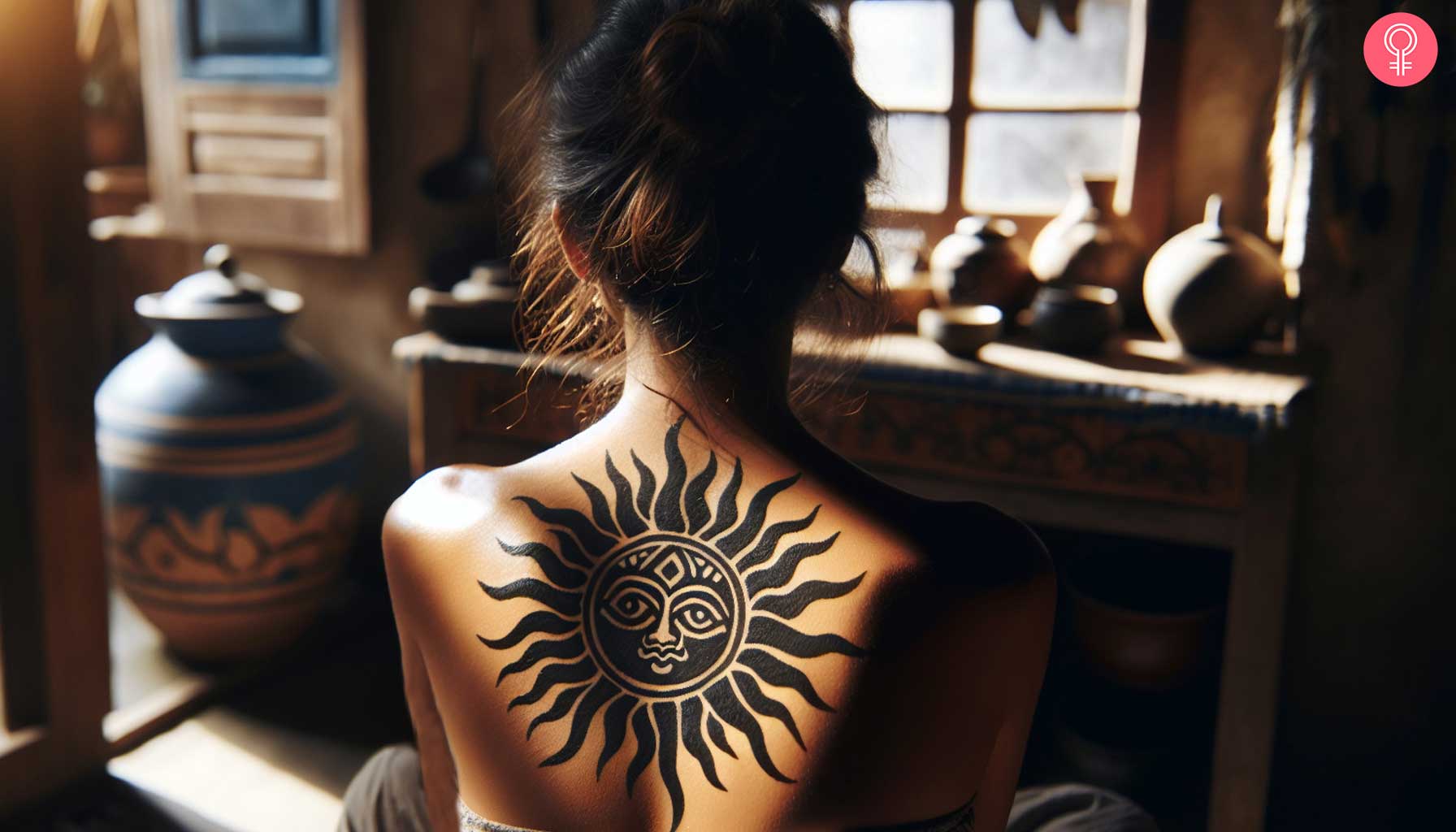 A woman wearing a tribal sun tattoo on her back