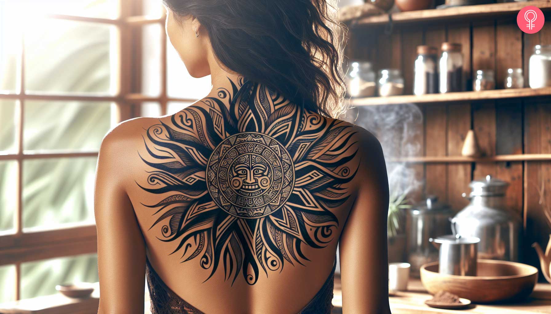 A woman wearing an Aztec tribal sun tattoo on her back