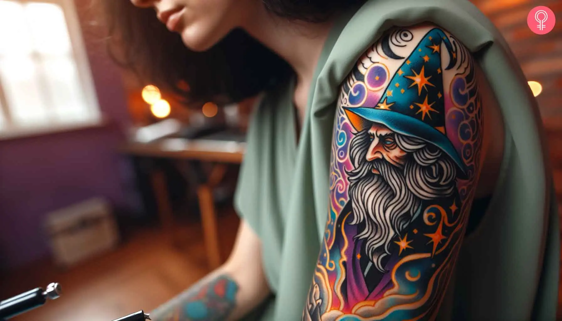 A woman with a American traditional wizard tattoo on her arm