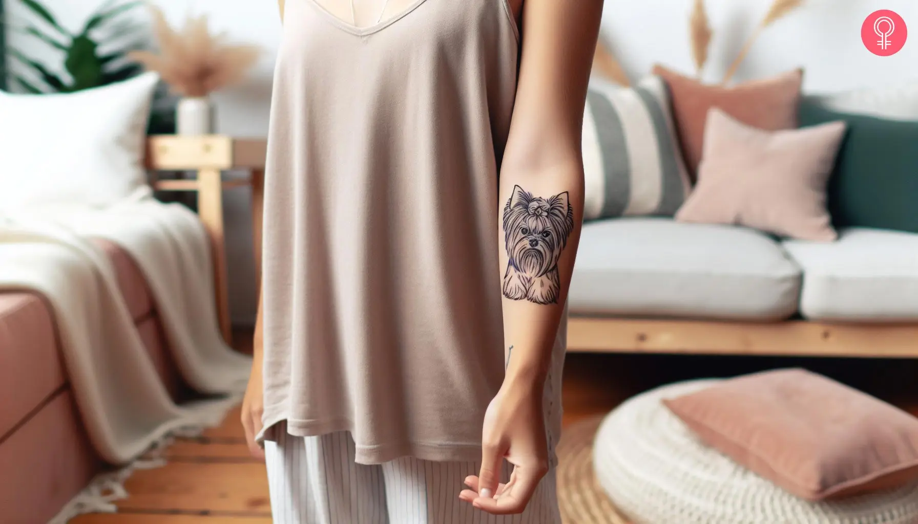 A woman with a Yorkshire terrier outline tattoo on her arm