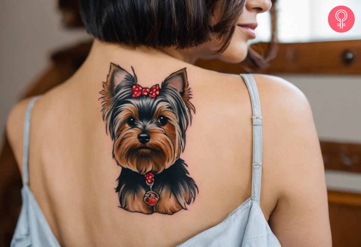 A woman with a Yorkshire terrier tattoo on her back