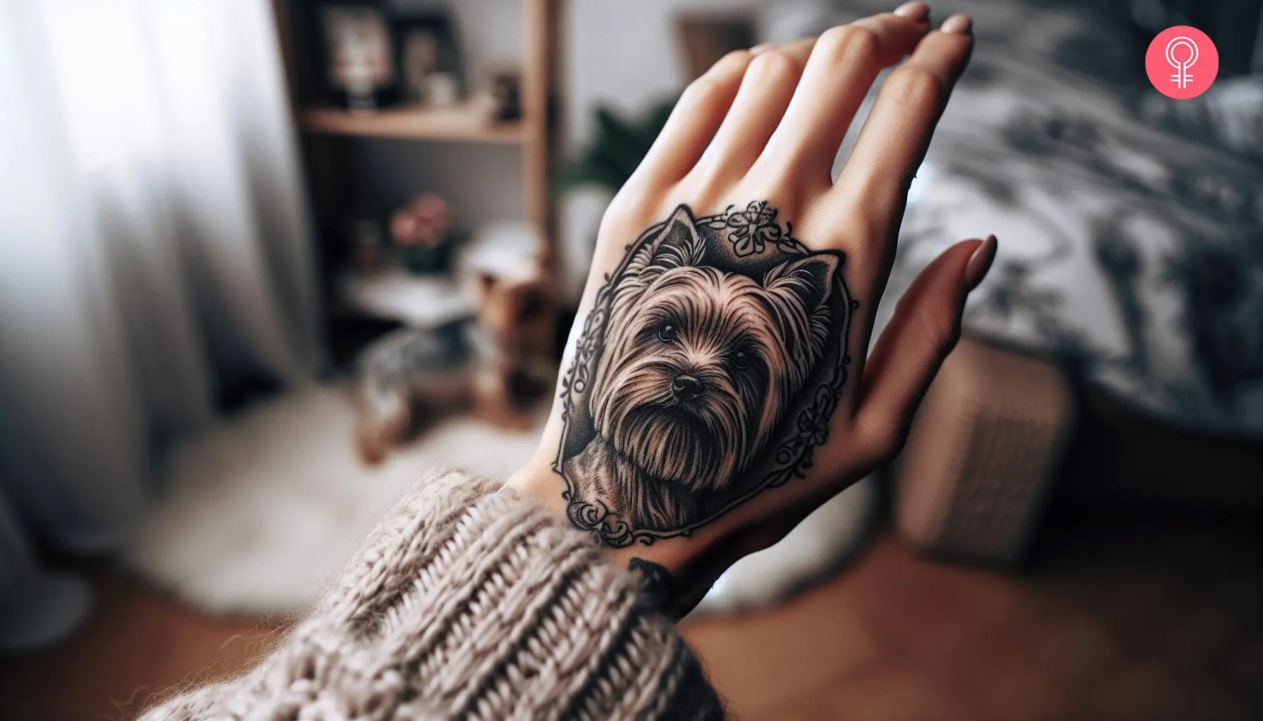 A woman with a Yorkshire terrier tattoo on her hand