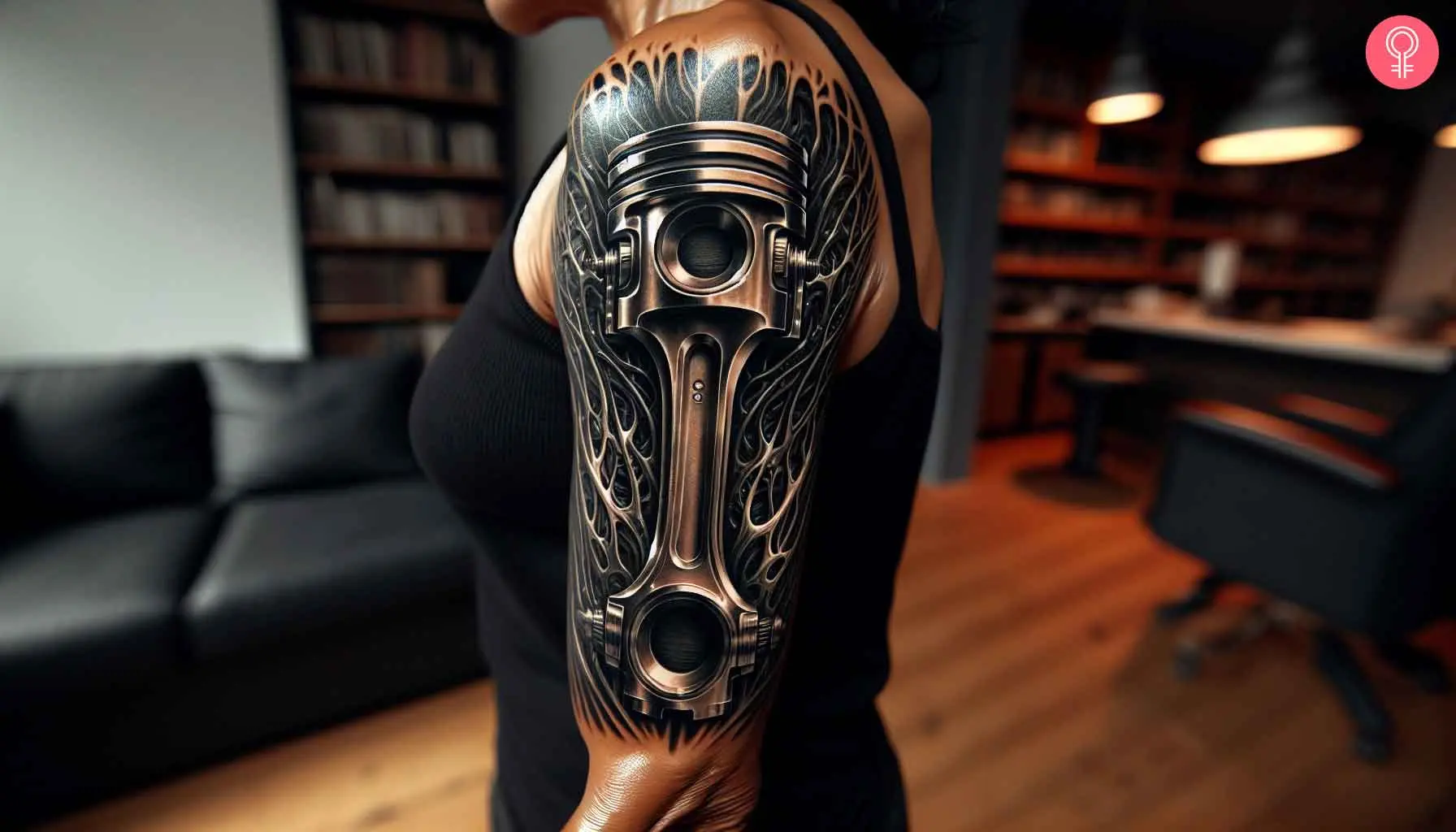 A woman with a biomechanical piston tattoo on her arm