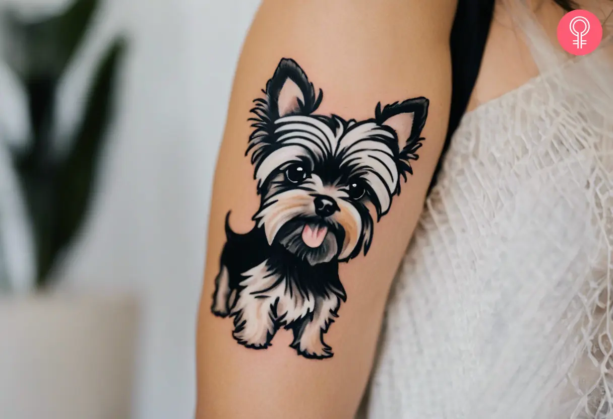 A woman with a black and white Yorkshire terrier tattoo on her bicep