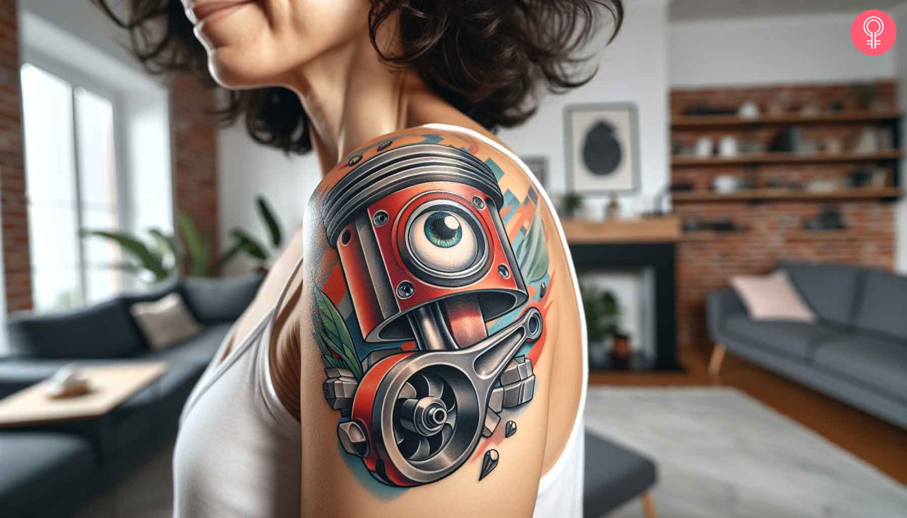 A woman with a cartoon piston tattoo on her shoulder