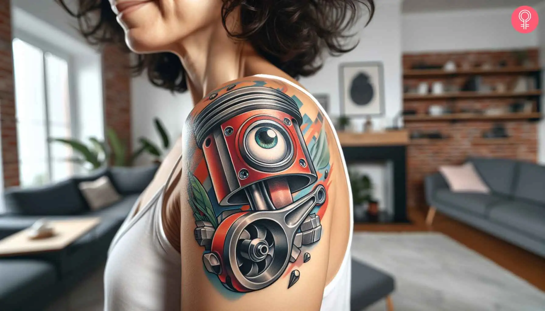 A woman with a cartoon piston tattoo on her shoulder