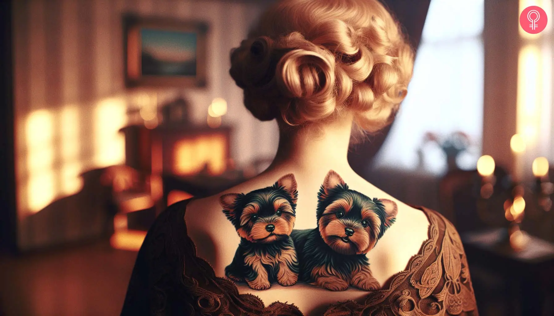 A woman with a dual Yorkshire terrier tattoo on her back