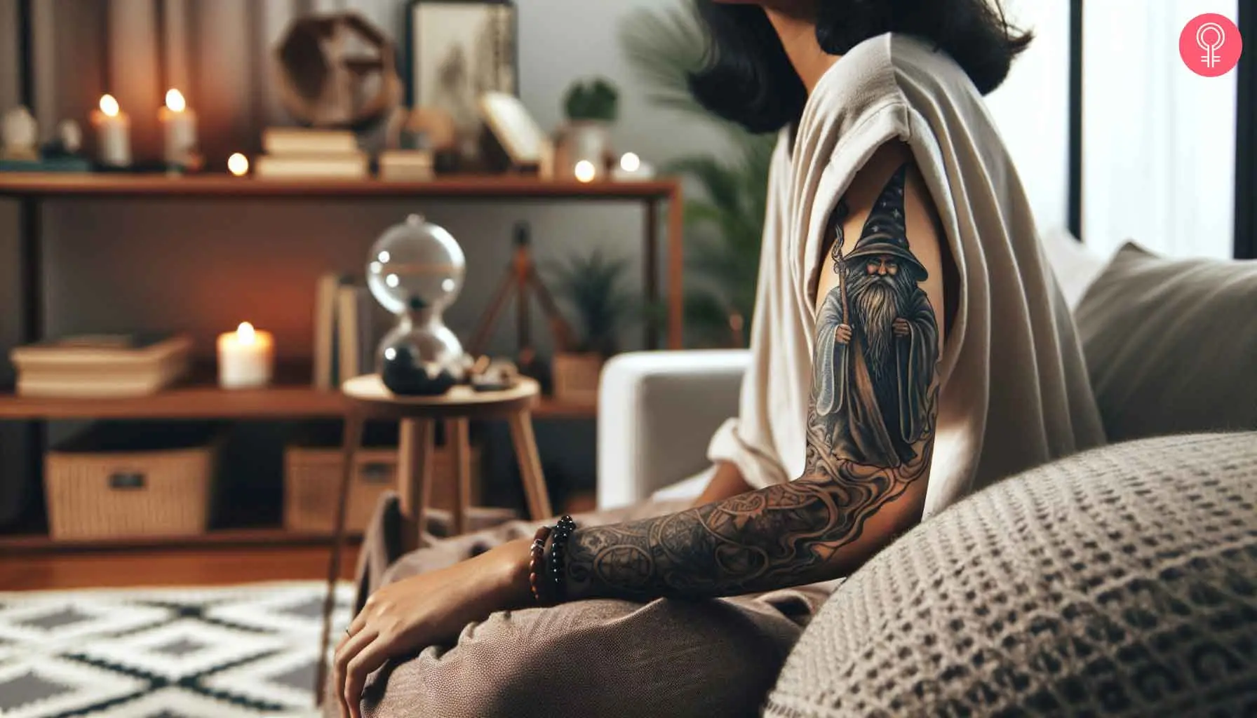 A woman with a medieval wizard tattoo on her bicep