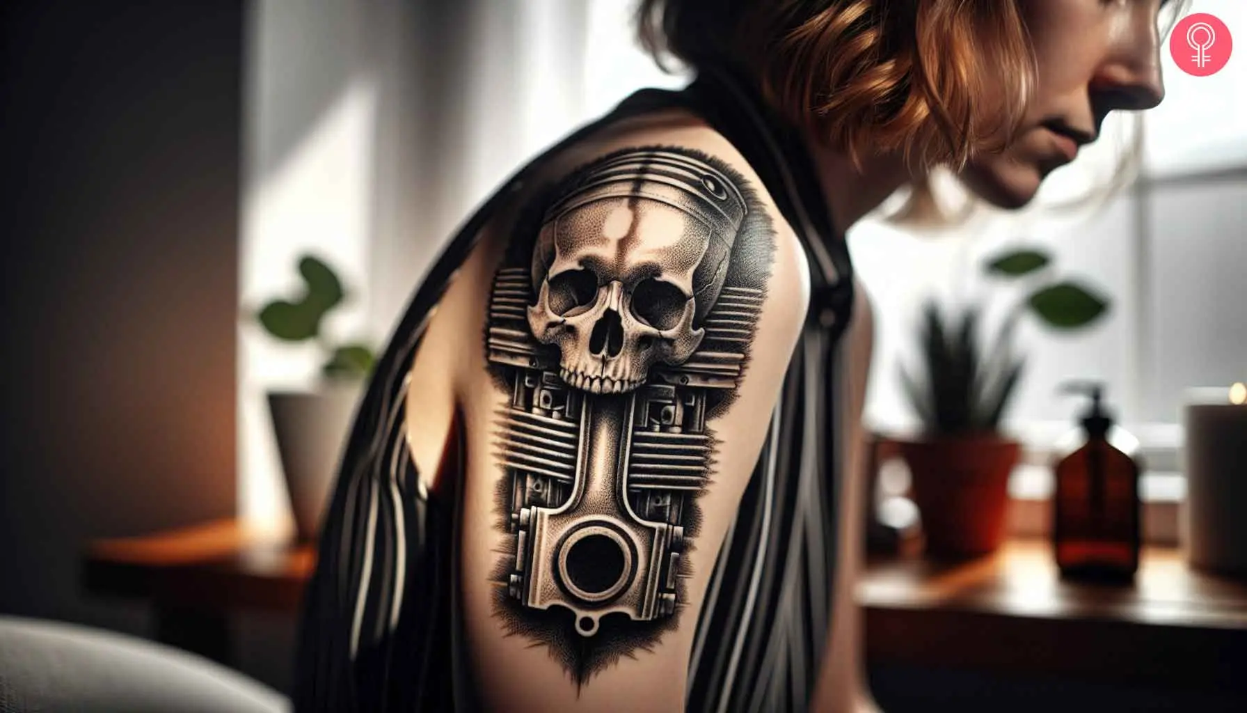 A woman with a skull piston tattoo on her shoulder