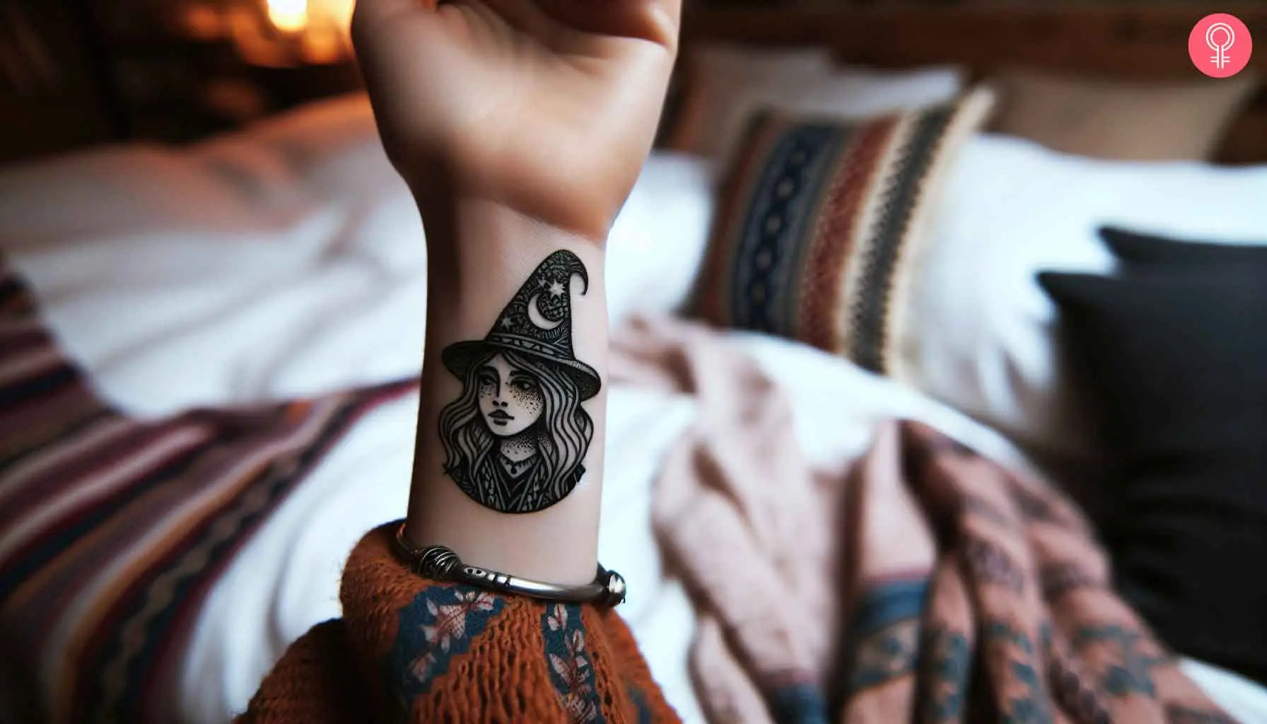 A woman with a wizard tattoo on a her wrist