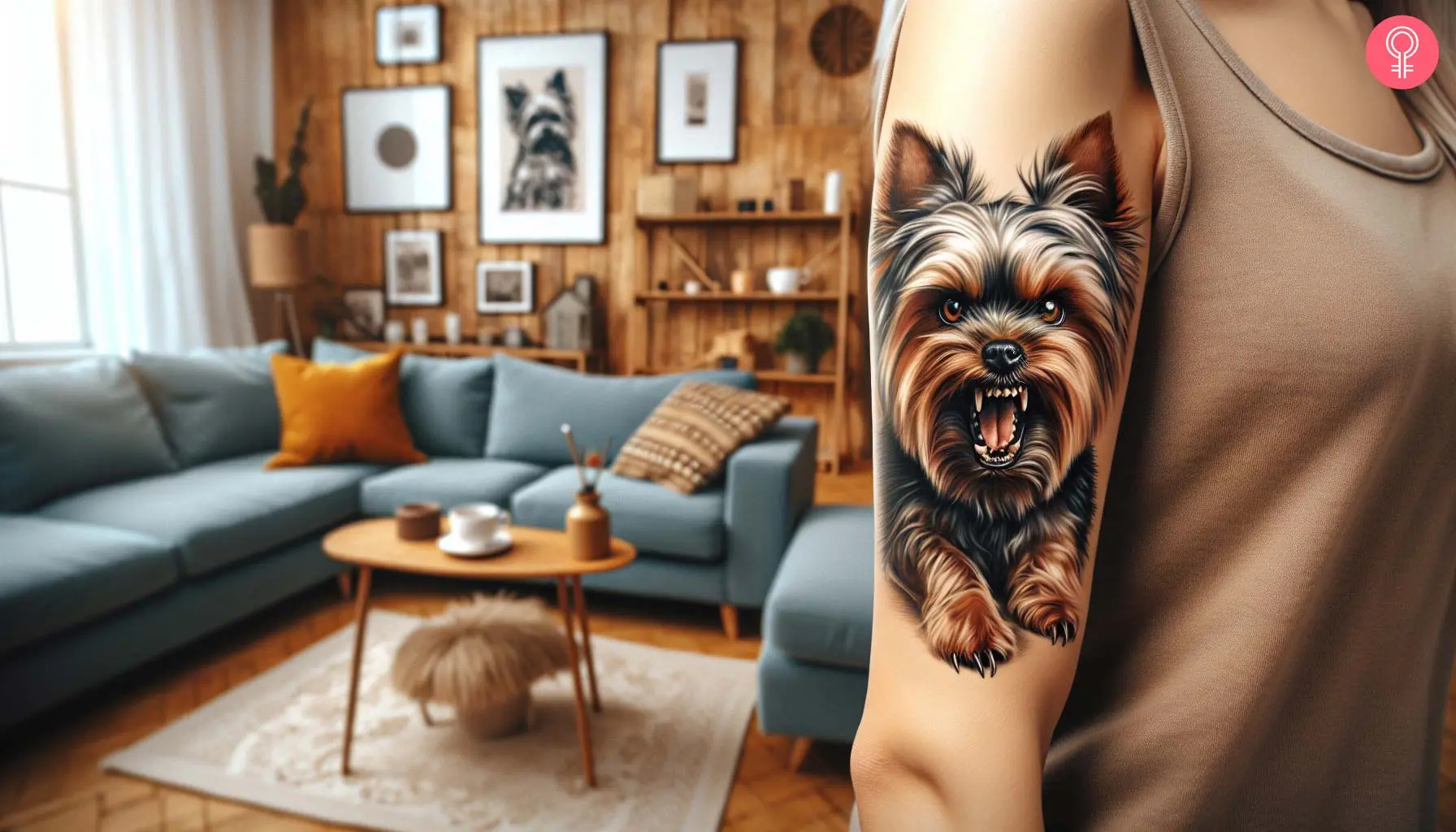 A woman with an angry Yorkshire terrier tattoo on her bicep