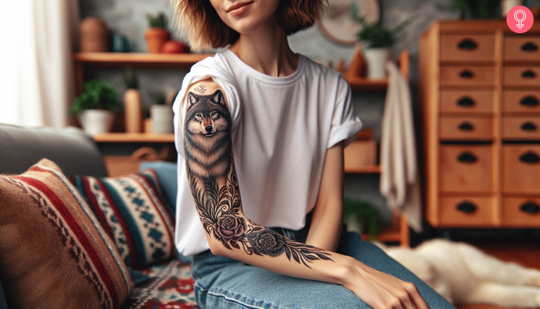 A woman with an alpha female wolf tattoo on her bicep