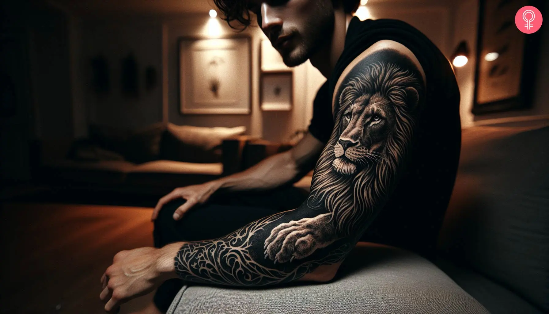 A man with an alpha wolf tattoo on his bicep