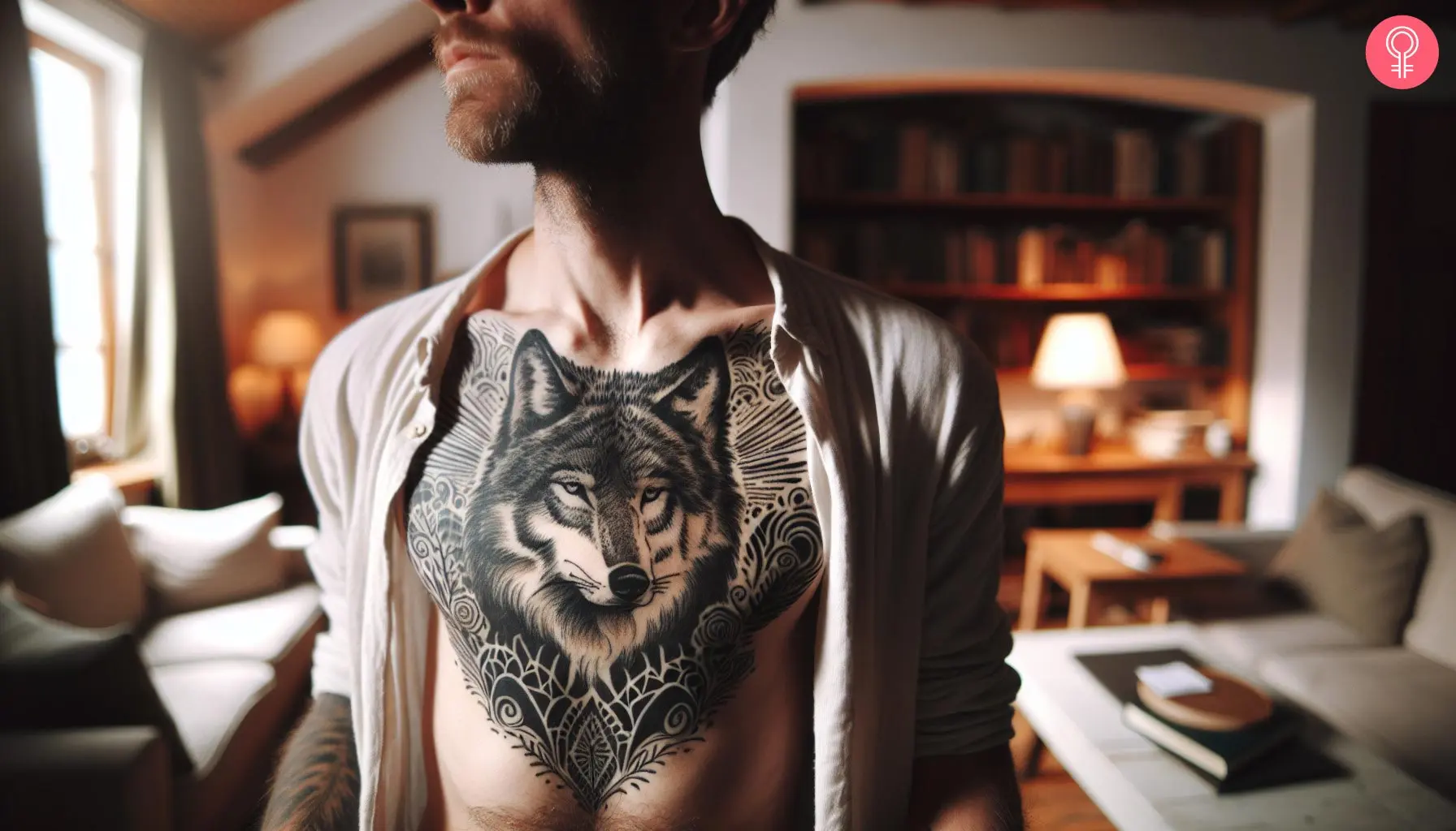 A man with a wolf tattoo on his chest