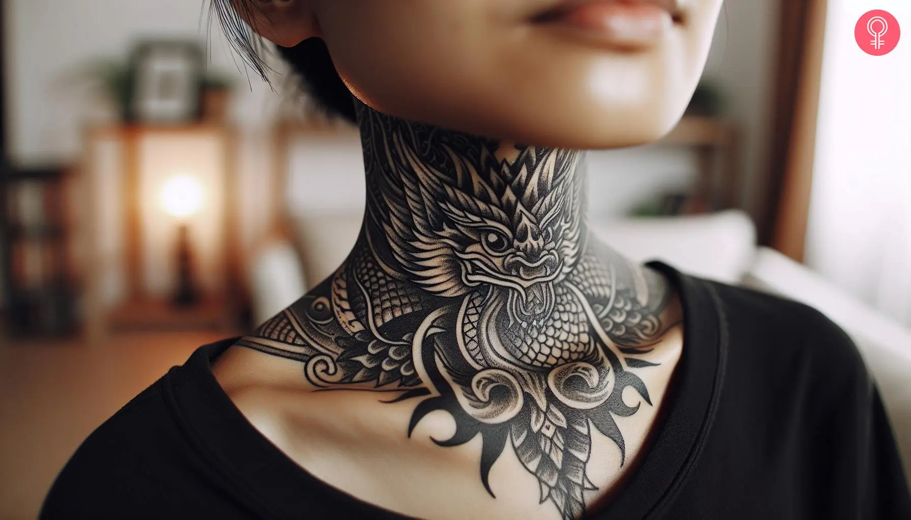 A woman with an alpha dragon tattoo on her neck