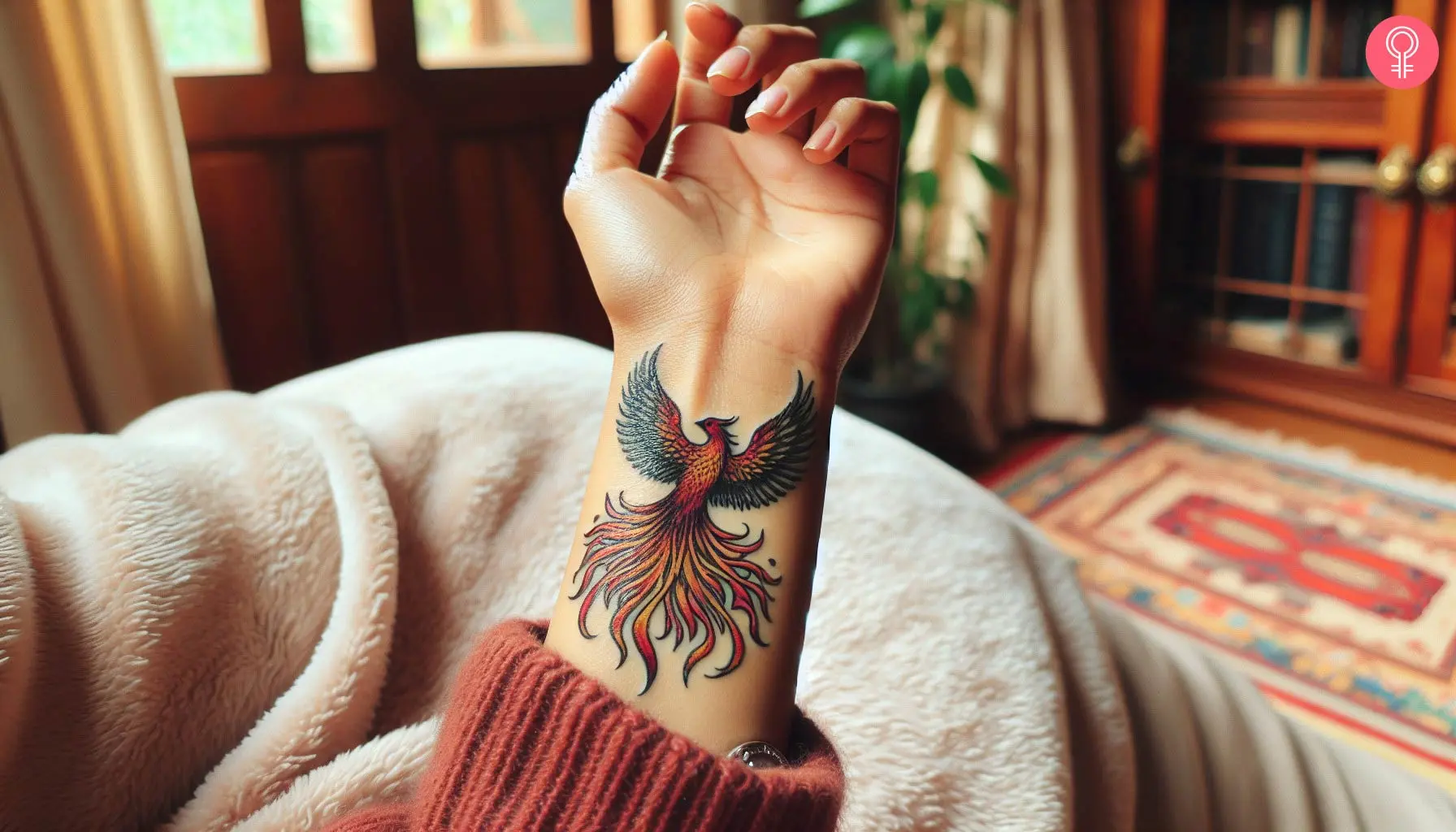 A woman with an alpha phoenix tattoo on her wrist