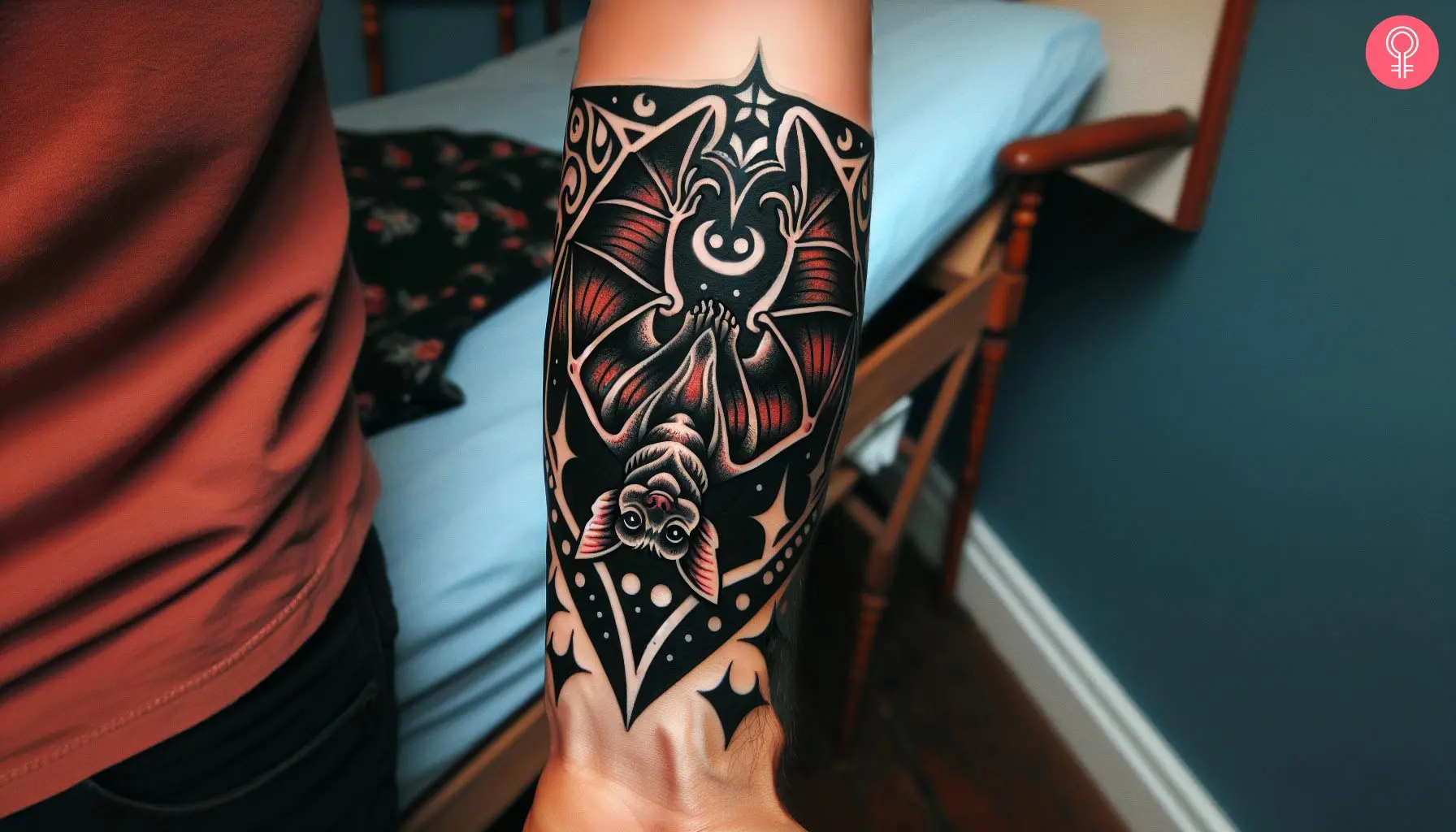 An illustrated upside down bat tattoo in black, gray, and red