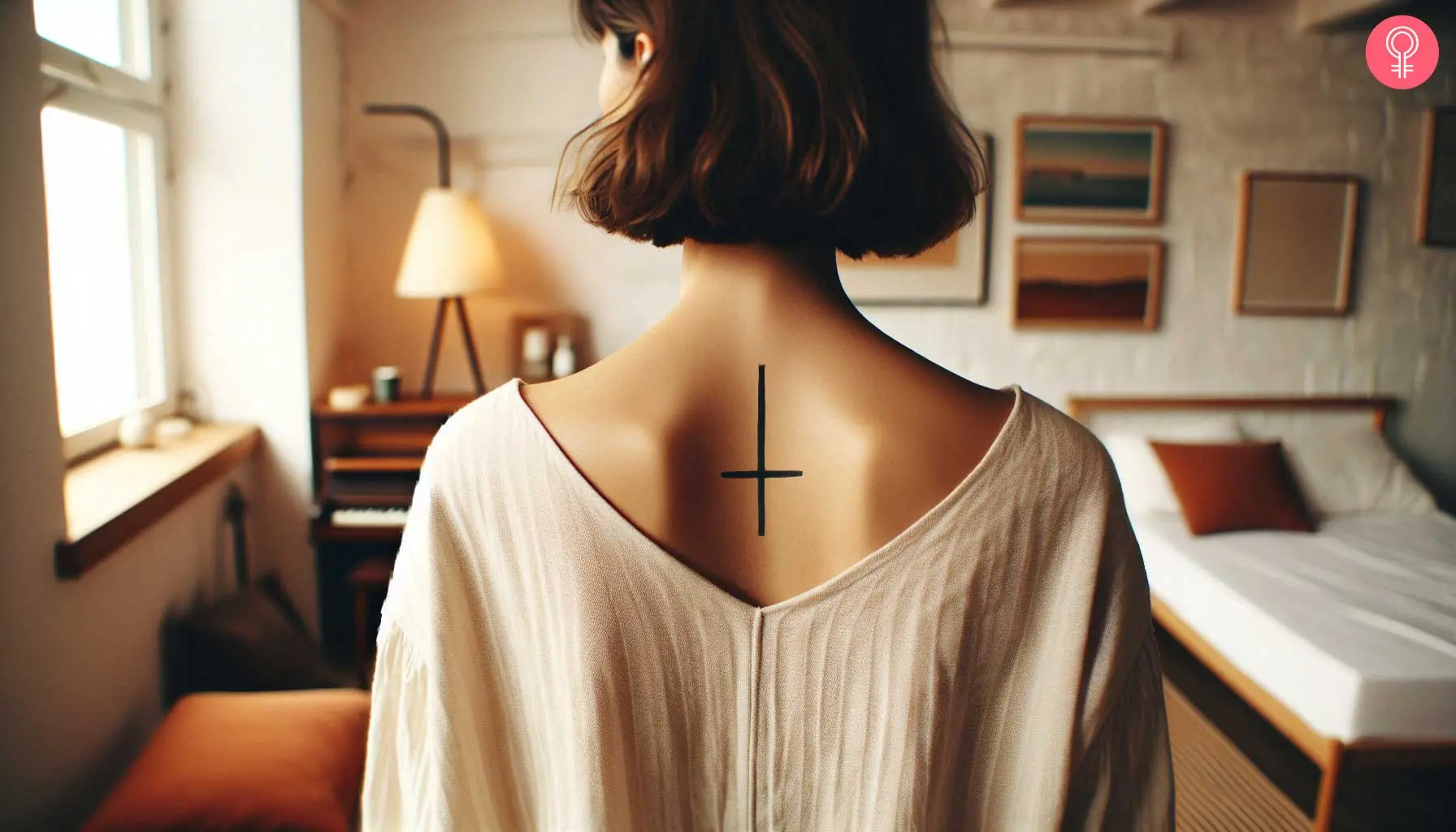 An upside down cross on the upper back