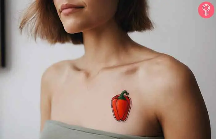 Bell pepper tattoo on the front shoulder