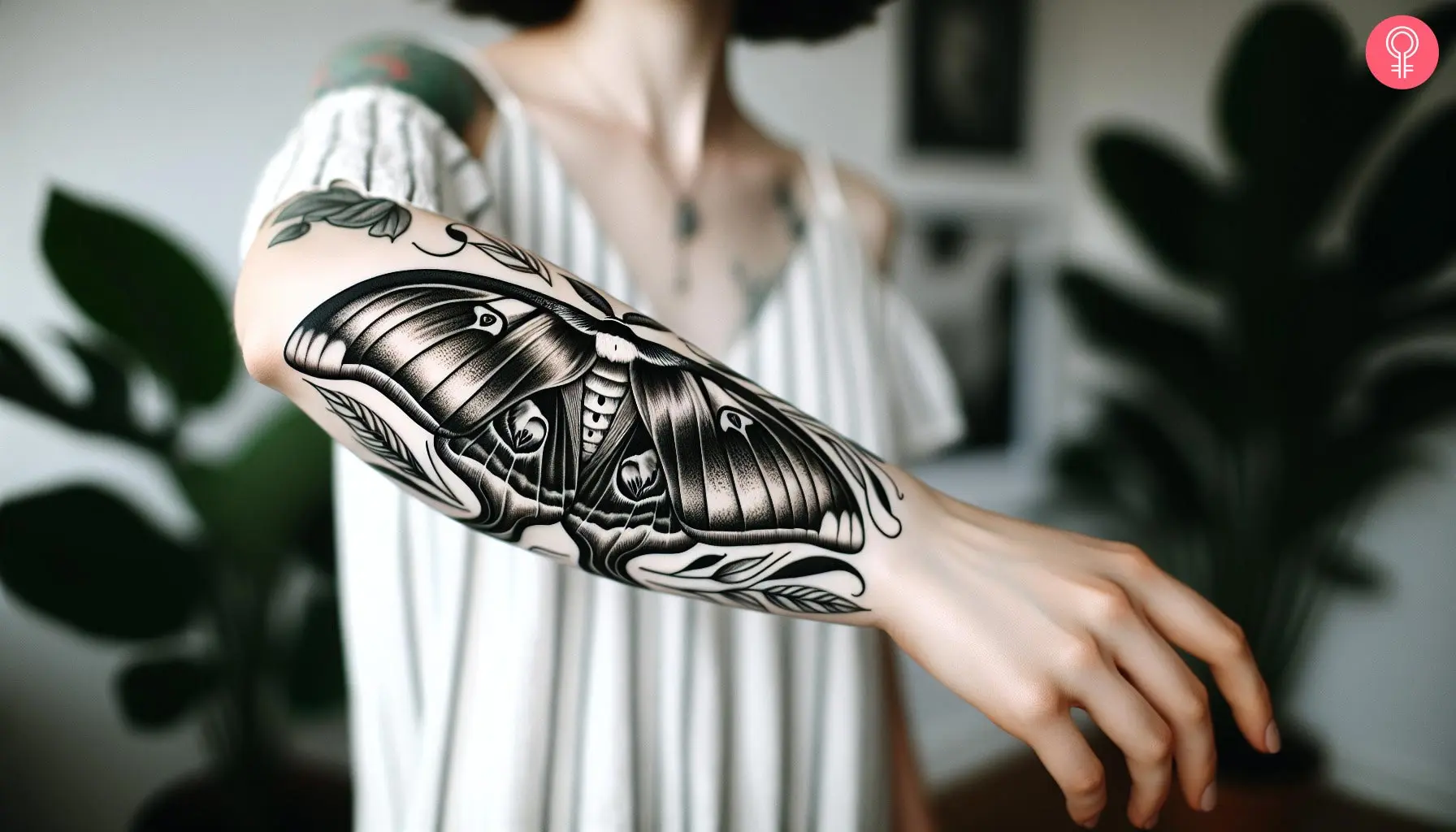 Black and white ink luna moth tattoo on the forearm