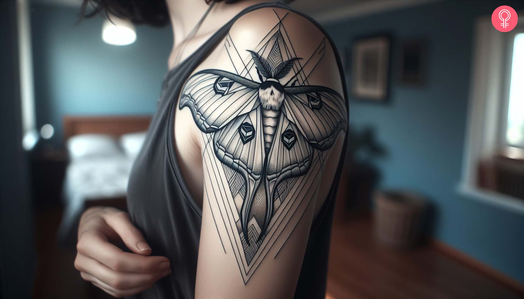 Black geometric luna moth tattoo on the upper arm