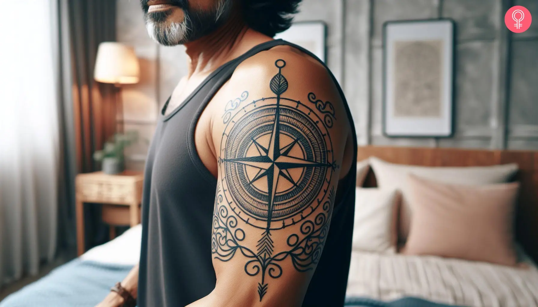 Black ink compass tattoo with design on the upper arm