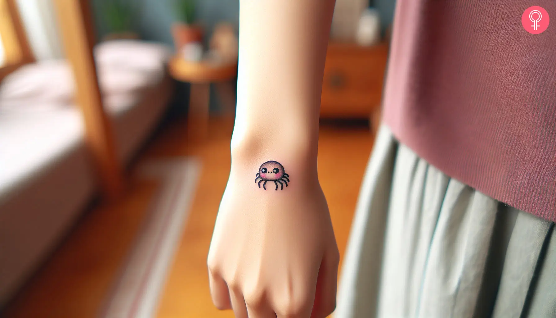 A woman wearing a creepy spider Kawaii tattoo on the upper wrist