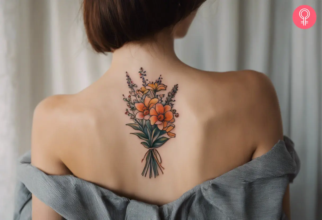 A woman wearing a ‘dainty flower bouquet’ tattoo on the upper back.