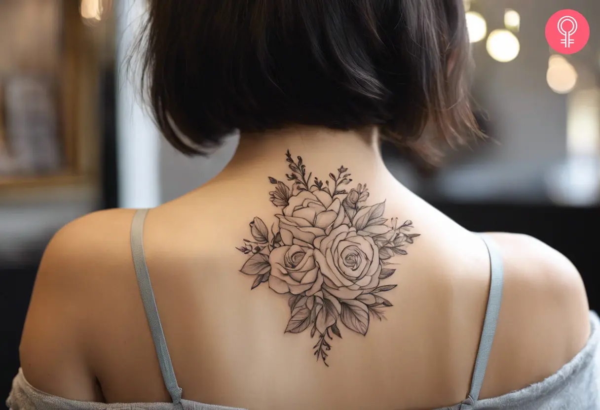 A woman wearing a ‘fine line flower bouquet’ tattoo on the back.