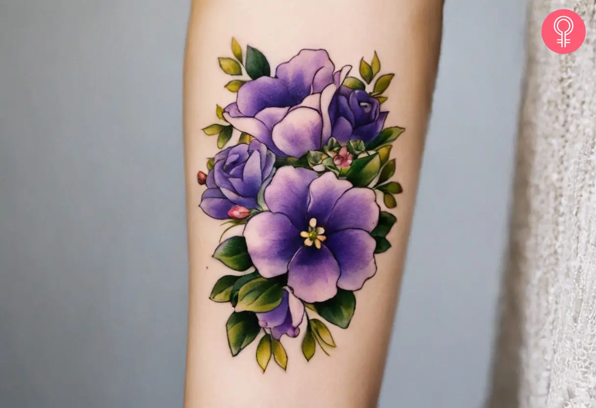 A woman wearing a ‘forearm flower bouquet’ tattoo.