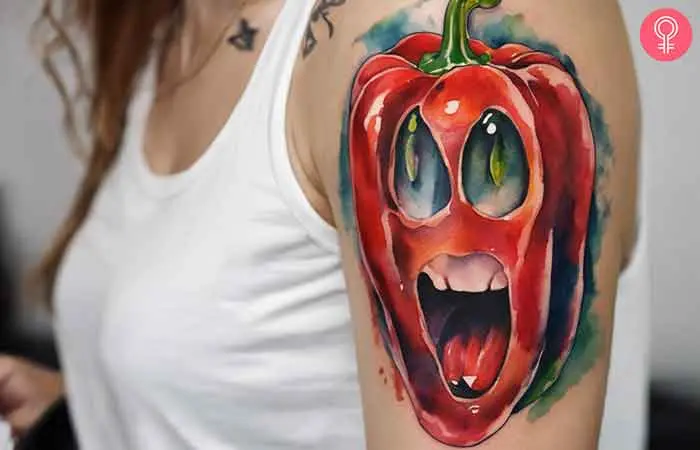 Ghost pepper tattoo on the upper arm