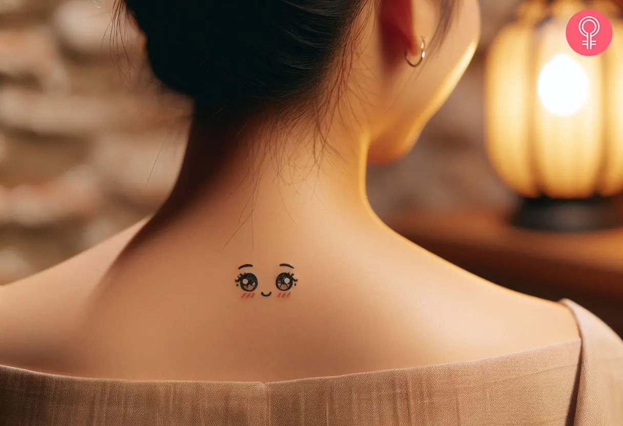 A woman wearing a Kawaii Anime eyes tattoo on the upper back