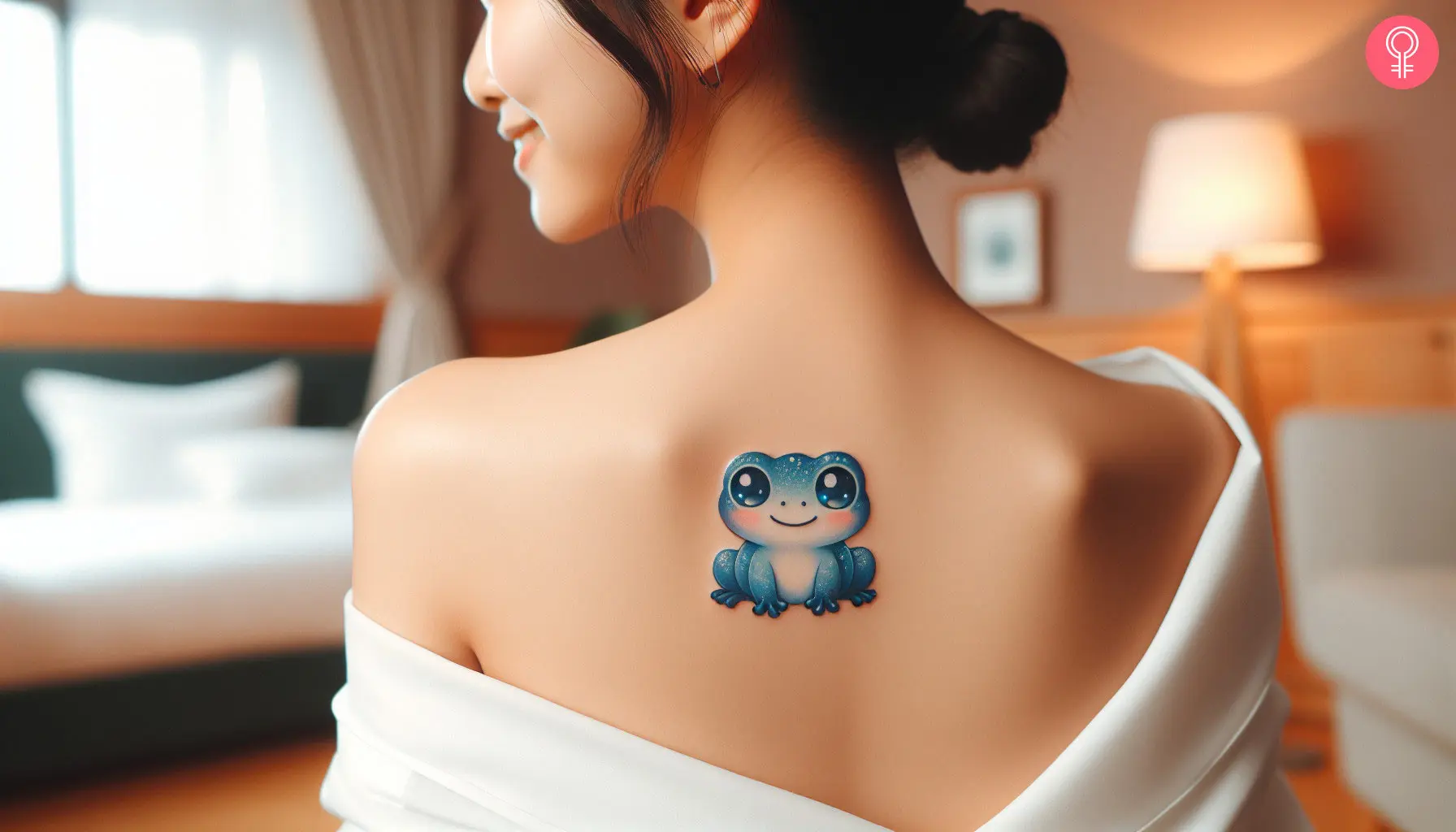 A woman wearing a ‘Kawaii frog’ tattoo on the upper back