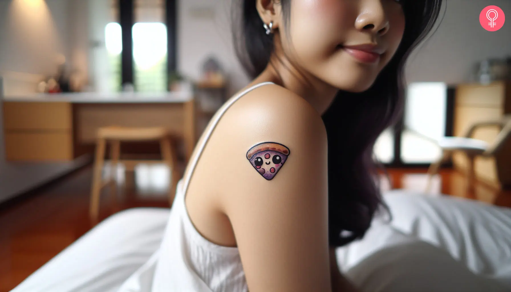 A woman wearing a ‘Kawaii pizza’ tattoo on the upper arm.