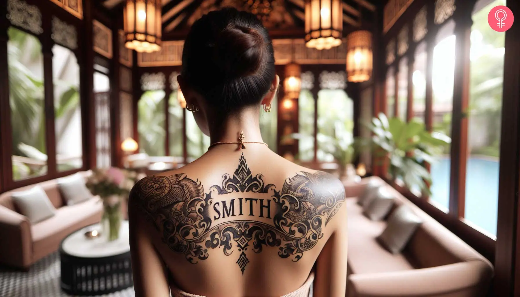 A banner-esque last name back tattoo with patterns