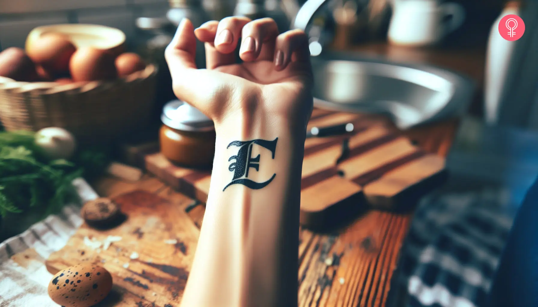 Letter E tattoo on the wrist of a woman