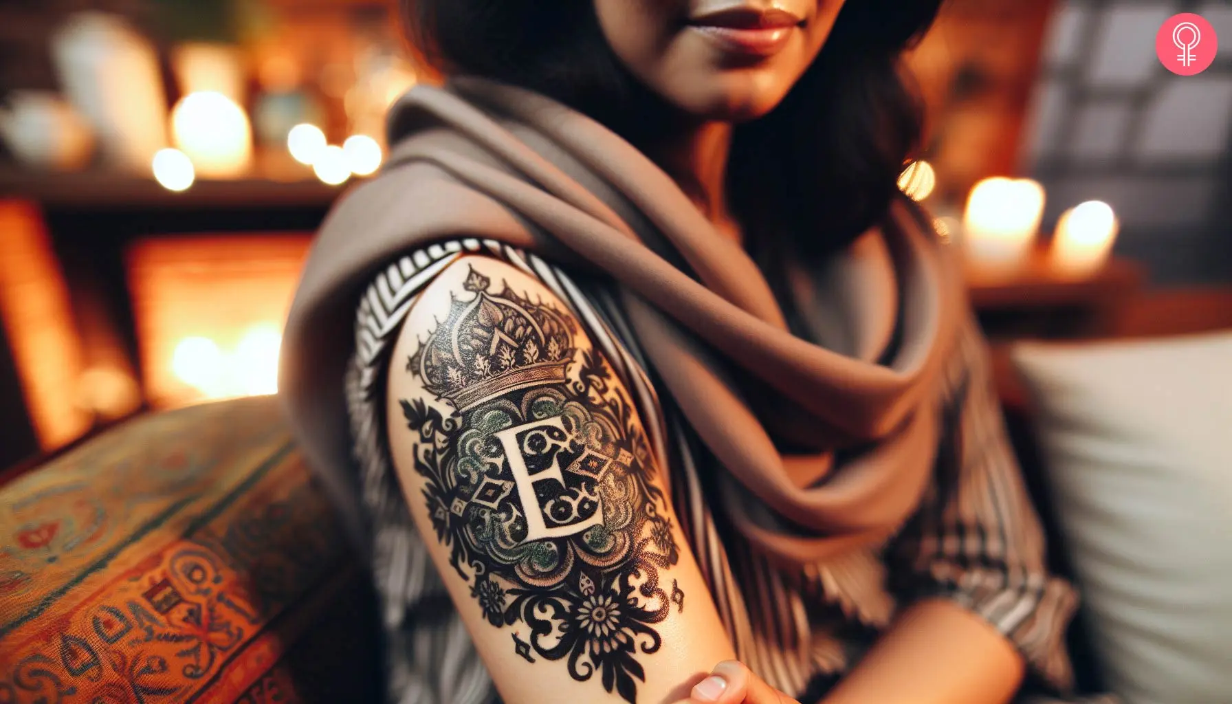 Letter E tattoo with a crown on a woman’s bicep