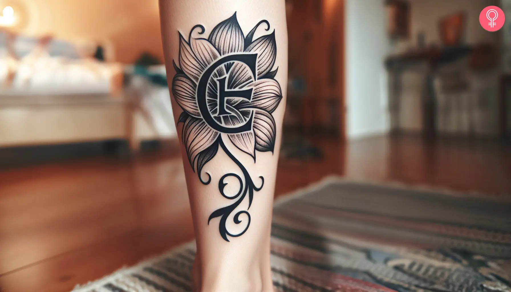 Letter E tattoo with a flower on a woman’s calf