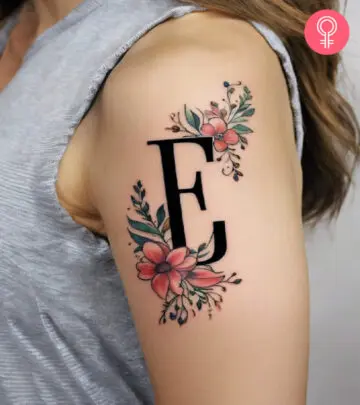 A woman with the letter E tattoo on her arm