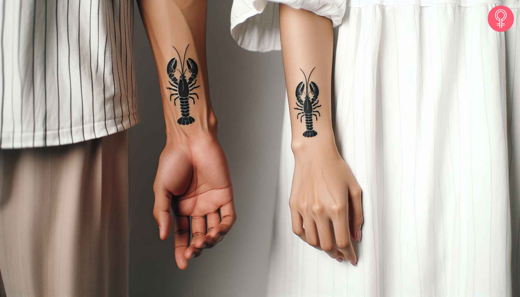 Lobster couple tattoos on the wrists