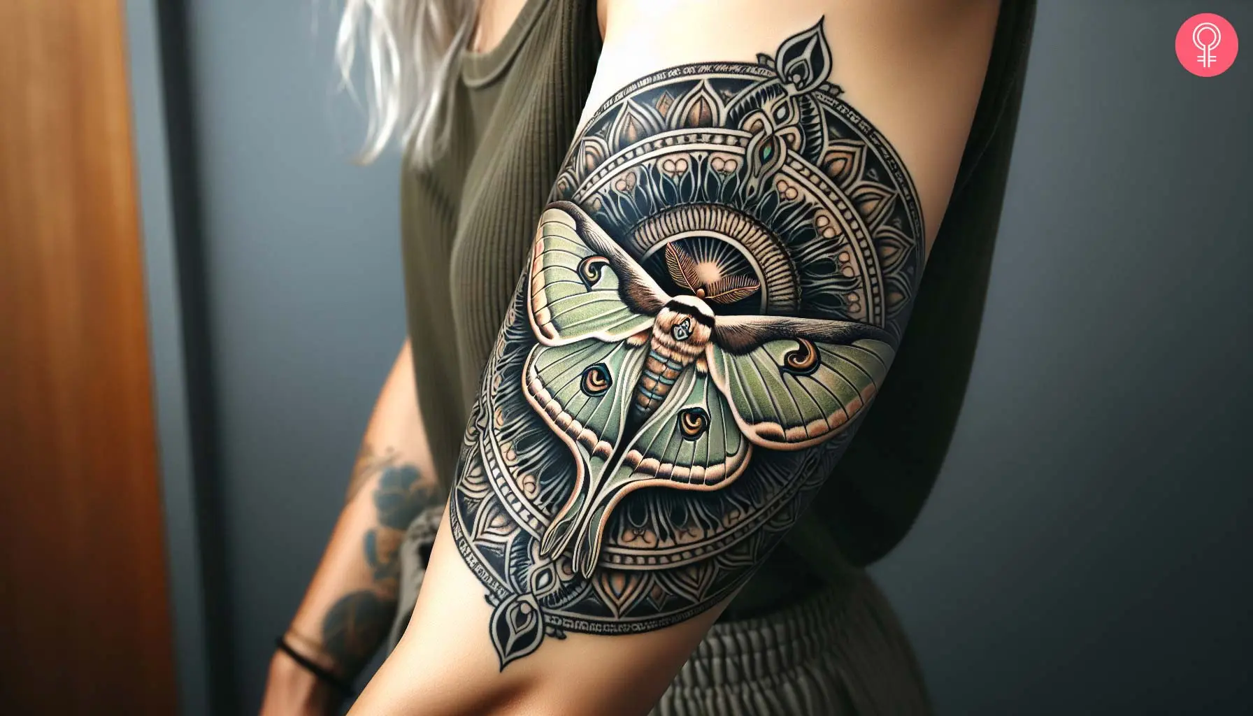 Luna moth mandala tattoo on the upper arm